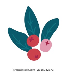 Hand drawn vector isolated clipart of abstract leaves with red berries. Christmas decorative floral element 
