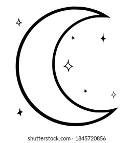 Hand Drawn Vector Isolated  Crescent Moon. Black Outline Illustration Of Magic Moon. Witchcraft Aesthetic Tools.