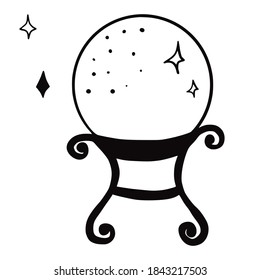 Hand drawn vector isolated crystal ball icon. Black outline illustration of crystal ball. Witchcraft aesthetic tools. 