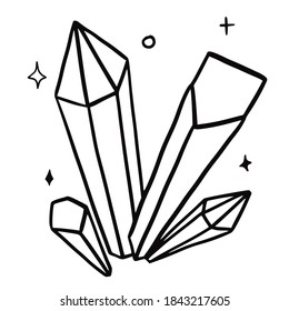 Icono de cristales aislados con vector dibujado a mano. Ilustración en negro del grupo de cristales. Herramientas estéticas de la brujería. Concepto bohemio.
