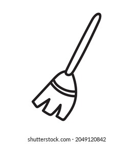 Hand drawn vector isolated flying broom icon. Black outline illustration of witch broom. Witchcraft aesthetic tools.