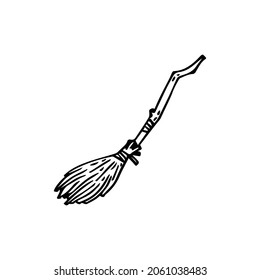 Hand drawn vector isolated flying broom icon. Black outline illustration of witch broom. Witchcraft aesthetic tools.