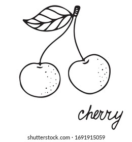 Icono de comida aislada vector dibujado a mano. Dibujo de bayas en negro. Icono de cereza. 