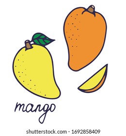 Hand drawn vector isolated food icon. Color fill illustration of  tropical fruit. Mango icon. 