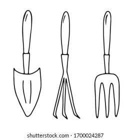 Hand drawn vector isolated garden inventory icon. Black outline illustration of gardening tools: shovel, rake, pitch fork.