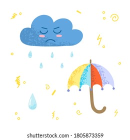 Hand drawn vector isolated illustration of cute umbrella and angry cloud. "The weather is rainy".