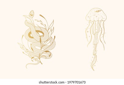 Hand drawn vector isolated illustration of golden  celestial jellyfish. Mystical snake with floral branches and leaves in gold color.