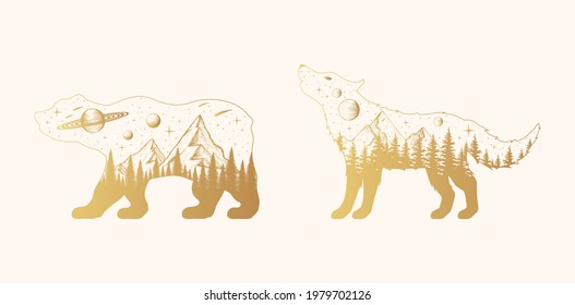 Vector dibujado a mano ilustrativo aislado de oso celestial dorado. Lobo místico con estrellas, constelaciones, luna y planetas, bosque y montaña de color dorado.