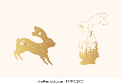 Hand drawn vector isolated illustration of golden  celestial hare. Mystical rabbit with stars, constellations, moon and planets, forest and mountain in gold color.