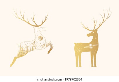 Vector de mano, ilustración aislada de ciervo celeste dorado. Renos místicos con estrellas, constelaciones, luna y planetas, bosque y montaña de color dorado.