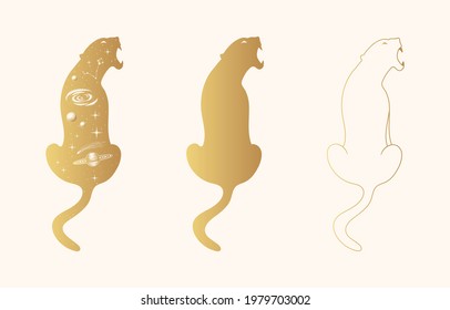 Hand drawn vector isolated illustration of golden  celestial panther. Mystical jaguar silhouette and outline in gold color.