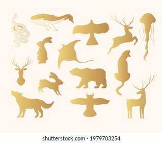 Hand drawn vector isolated illustration of golden animals silhouettes. Gold Icons of hare, deer, wolf, bear, owl, whale, stingray, jellyfish, panther, eagle.
