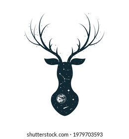 Hand drawn vector isolated illustration of celestial deer head. Mystical animal with stars, constellations, moon and planets.