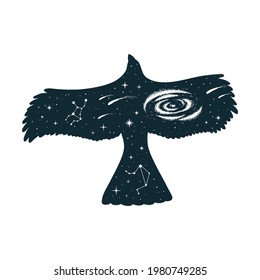 Hand drawn vector isolated illustration of celestial eagle. Mystical animal with galaxy, stars, constellations, moon and planets.