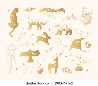 Hand drawn vector isolated illustration of golden celestial animals. Gold mystical tattoos of hare, deer, wolf, bear, owl, whale, stingray, jellyfish, panther, eagle.