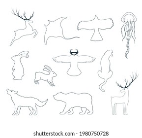 Hand drawn vector isolated illustration of animals outlines. Icons of hare, deer, wolf, bear, owl, whale, stingray, jellyfish, panther, eagle.