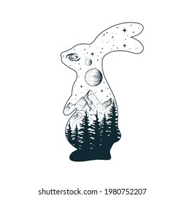 Hand drawn vector isolated illustration of  mystical hare. Celestial animal with stars, moon and planets, forest and mountain.