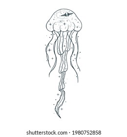 Hand drawn vector isolated illustration of celestial jellyfish. Mystical animal with galaxy, stars, constellations, moon and planets.