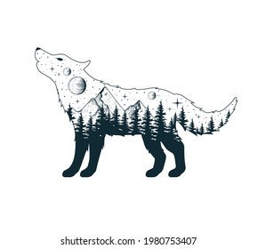 Hand drawn vector isolated illustration of celestial wolf. Mystical animal with galaxy, stars, moon and planets, forest trees and mountain. Spiritual tattoo.