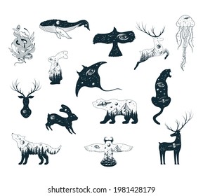 Hand drawn vector isolated illustration of celestial animals. Mystical tattoos of hare, deer, wolf, bear, owl, whale, stingray, jellyfish, panther, eagle.