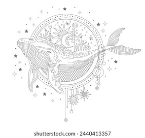 Hand drawn vector isolated illustration of celestial Whale. Mystical animal with stars, moon. Modern magic witchcraft astrology card. For design, textile, print. Boho, alchemy theme. Spiritual symbol