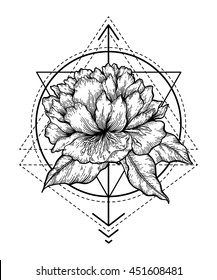 Hand drawn vector isolated illustration of flower and abstract geometry shapes. Magic symbol design for tattoo, print, t-shirt, poster.