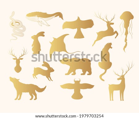 Hand drawn vector isolated illustration of golden animals silhouettes. Gold Icons of hare, deer, wolf, bear, owl, whale, stingray, jellyfish, panther, eagle.