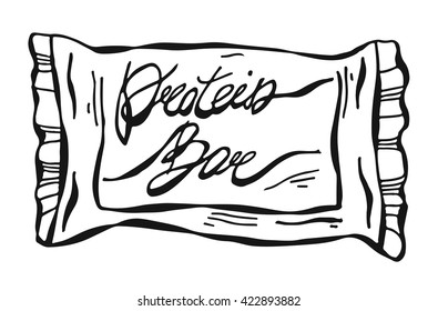 Hand drawn vector isolated organic energy protein bar  packed icon.Lined illustration.Organic sweets with wheat