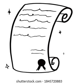 Hand drawn vector isolated  paper scroll. Black outline illustration of magic parchment. Witchcraft aesthetic tools.