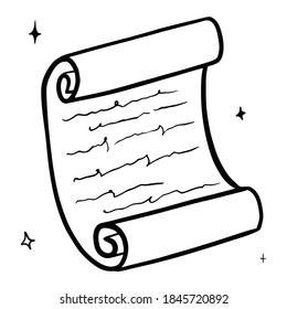Hand drawn vector isolated  paper scroll. Black outline illustration of magic parchment. Witchcraft aesthetic tools.