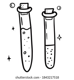 Hand drawn vector isolated potion icon. Black outline illustration of potion bottle. Witchcraft aesthetic tools. Test tubes.