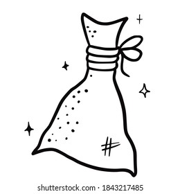 Hand drawn vector isolated pouch icon. Black outline illustration of sac. Witchcraft aesthetic tools.