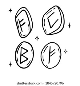 Hand drawn vector isolated runes. Black outline illustration of magic stones with runes on it. Witchcraft aesthetic tools.