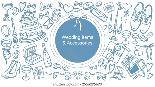 Hand drawn vector isolated set of wedding items. Set of bride and groom accessories for marriage ceremony: dress, shoes, jewelry, rings, cake, candles, bows, gifts, decoration, glasses.Doodle elements