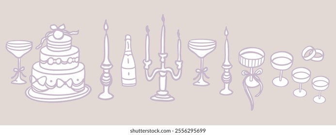 Hand drawn vector isolated set of wedding items. Set of bride and groom accessories for marriage ceremony: dress, shoes, jewelry, rings, cake, candles, bows, gifts, decoration, glasses.Doodle elements