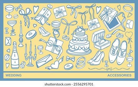 Hand drawn vector isolated set of wedding items. Set of bride and groom accessories for marriage ceremony: dress, shoes, jewelry, rings, cake, candles, bows, gifts, decoration, glasses.Doodle elements