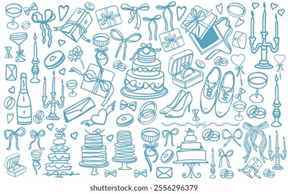 Hand drawn vector isolated set of wedding items. Set of bride and groom accessories for marriage ceremony: dress, shoes, jewelry, rings, cake, candles, bows, gifts, decoration, glasses.Doodle elements