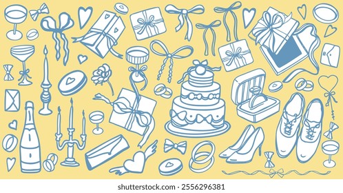 Hand drawn vector isolated set of wedding items. Set of bride and groom accessories for marriage ceremony: dress, shoes, jewelry, rings, cake, candles, bows, gifts, decoration, glasses.Doodle elements