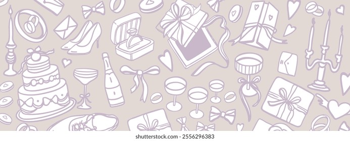 Hand drawn vector isolated set of wedding items. Set of bride and groom accessories for marriage ceremony: dress, shoes, jewelry, rings, cake, candles, bows, gifts, decoration, glasses.Doodle elements