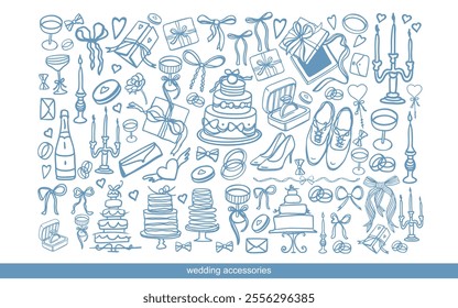 Hand drawn vector isolated set of wedding items. Set of bride and groom accessories for marriage ceremony: dress, shoes, jewelry, rings, cake, candles, bows, gifts, decoration, glasses.Doodle elements