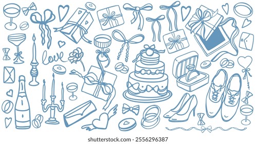 Hand drawn vector isolated set of wedding items. Set of bride and groom accessories for marriage ceremony: dress, shoes, jewelry, rings, cake, candles, bows, gifts, decoration, glasses.Doodle elements