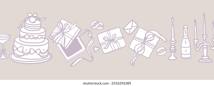 Hand drawn vector isolated set of wedding items. Set of bride and groom accessories for marriage ceremony: dress, shoes, jewelry, rings, cake, candles, bows, gifts, decoration, glasses.Doodle elements