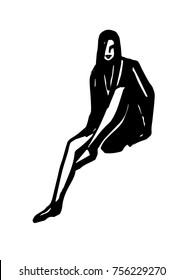 Hand drawn vector, isolated, silhouette sitting girl
