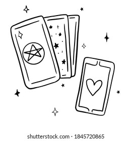 Tarjetas de tarot aisladas con vector dibujado a mano. Ilustración de perfil negro del tarot mágico. Herramientas estéticas de la brujería.