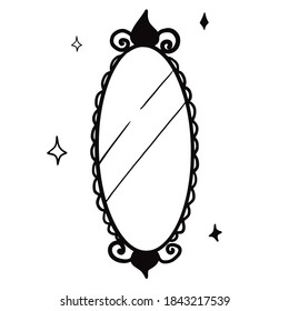 Hand drawn vector isolated vintage mirow. Black outline illustration of oval mirow. Witchcraft aesthetic tools.
