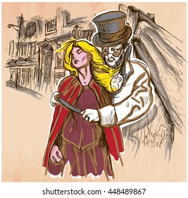 An hand drawn vector, JACK THE RIPPER and his victim. Killer with the knife threatening a young woman in old London city - colored line art. Vector is editable in groups and layers. Freehand sketching