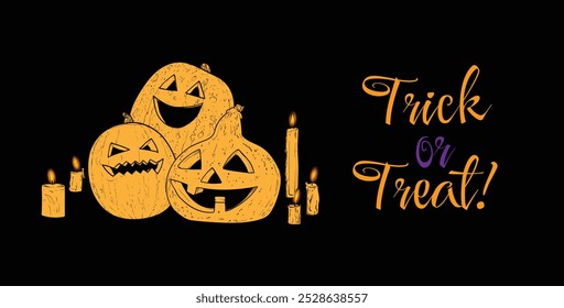 Vetor desenhado à mão Jack-o-Lanterns com velas perto de um texto Trick or Treat para projetos de design de Halloween. Contorno preto e preenchimento laranja, este recurso é fácil de editar, pronto para ser usado. 