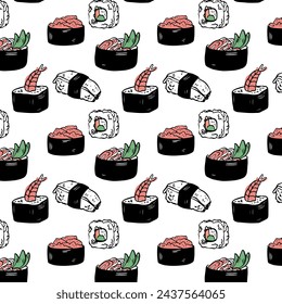 Hand drawn vector Japanese sushi seamless pattern design