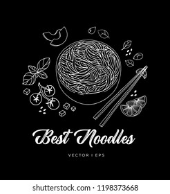 Hand drawn vector Japanese vegetable noodles sketch, made of tomato, basil avocado, lime and sesame. Vegetarian Asian food, simple line drawing menu decoration. 