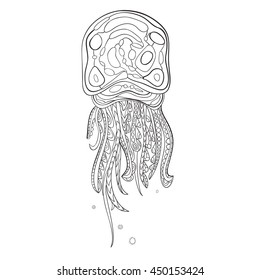 Hand drawn vector jellyfish in black and white zentangle doodle style.
Pattern for coloring book.